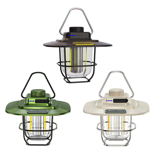 LED Camping Light Retro Hanging Tent Lamp Waterproof Type-c Charging with Hook Battery Indicator Emergency Light for Outdoor