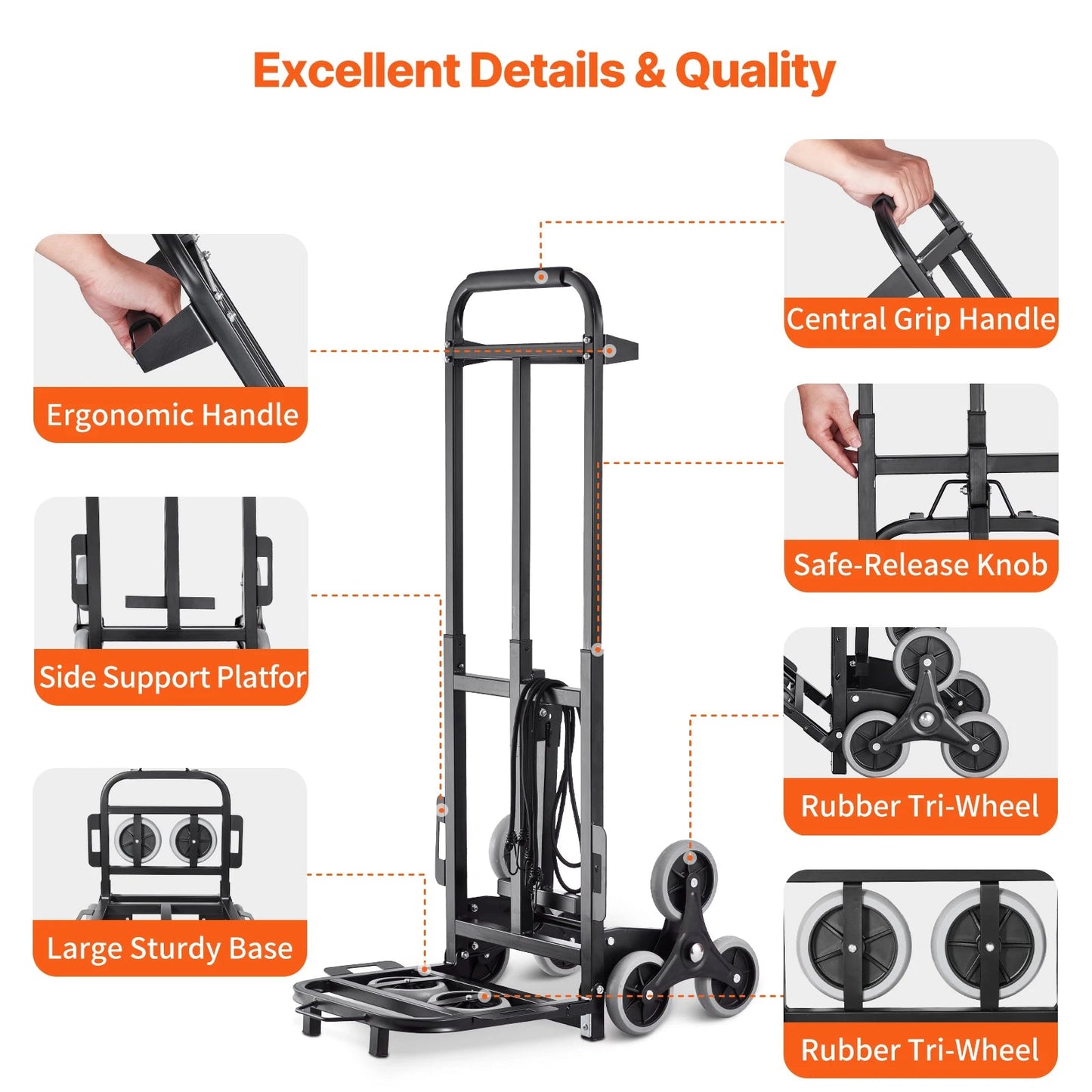 VEVOR 460 lbs Stair Climbing Cart Folding Hand Truck Dolly with Handle 6 Wheels & 2 Elastic Ropes for Shopping Moving Warehouse Wild Frontier Gear LLC