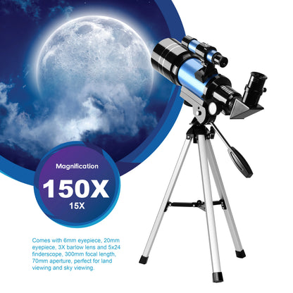 30070 Telescope 1.25" Eyepieces Wide Vision Moon Watching Monocular with Tripod 1.5X Erecting Eyepiece 3X Barlow Lens Kids Gift