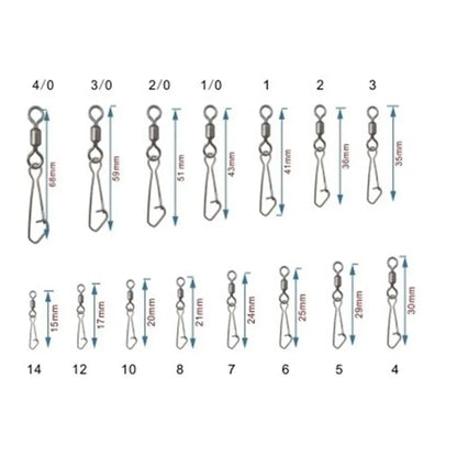 50pcs/lot Stainless Steel Fishing Bearing MS+QL Swivels Interlock Rolling Swivel with Hooked Snap Fishing Hook Connector Tackle