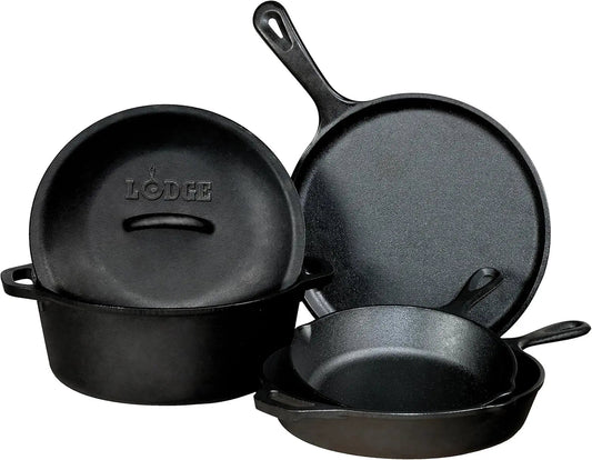 Lodge Seasoned Cast Iron 5 Piece Bundle. 10.5" Griddle, 8" Skillet, 10.25" Skillet, 10.25" Dutch Oven, and 10.25" Lid,Black Wild Frontier Gear LLC