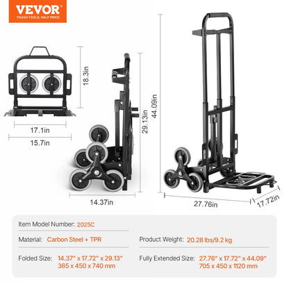 VEVOR 460 lbs Stair Climbing Cart Folding Hand Truck Dolly with Handle 6 Wheels & 2 Elastic Ropes for Shopping Moving Warehouse Wild Frontier Gear LLC