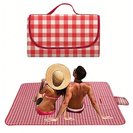 Picnic Blanket 150×200cm Beach Mat Washable Lightweight with Handle Red Checkered for Hiking Travelling Outdoor Camping Parks Wild Frontier Gear LLC