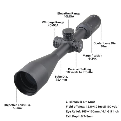 Vector Optics 6-24X50 Sfp Riflescope with Parallax Setting Tactical Sights Hunting Collimator .22Wmr & .308Win 750G Shock Proof
