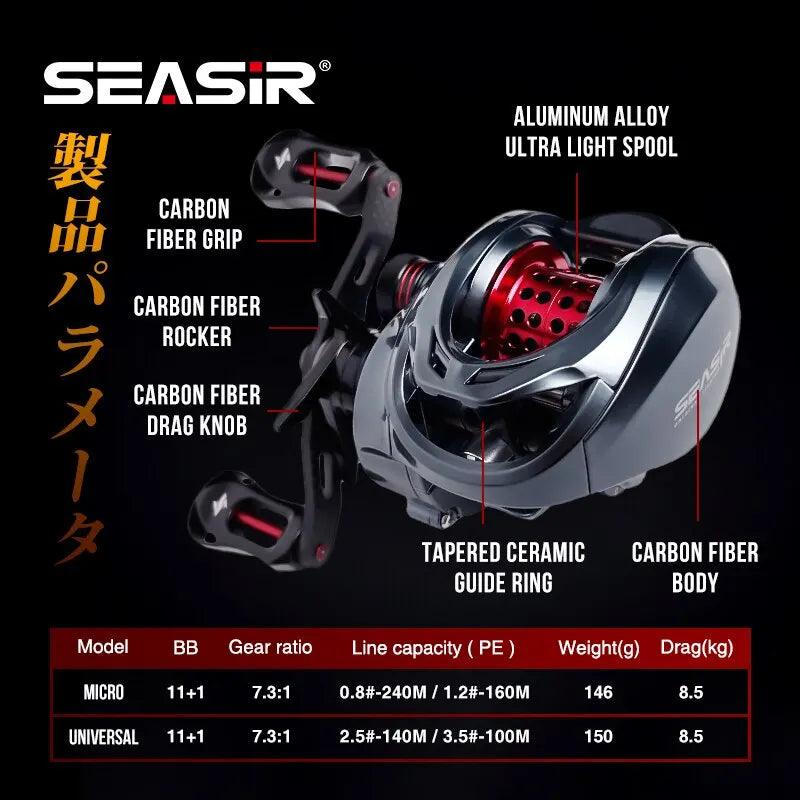 Seasir Ultra-Light Carbon Baitcasting Fishing Reel with Hybrid Ceramic Bearings and Dual Spools - 7.3:1 Gear Ratio for Seawater and Freshwater Fishing - Wild Frontier Gear LLC