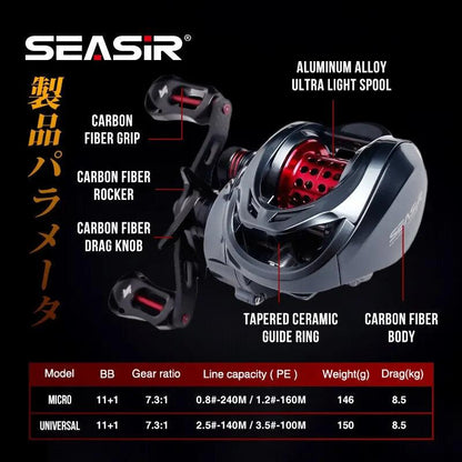 Seasir Ultra-Light Carbon Baitcasting Fishing Reel with Hybrid Ceramic Bearings and Dual Spools - 7.3:1 Gear Ratio for Seawater and Freshwater Fishing - Wild Frontier Gear LLC