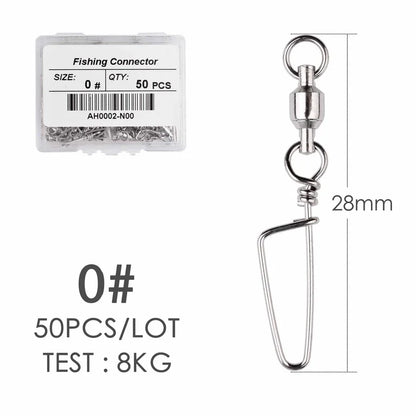 50pcs Fishing Ball Bearing Swivel with Coastlock Snap 0-6# Stainless Barrel Swivels Hook Lure Fishing Connector Tackle Box