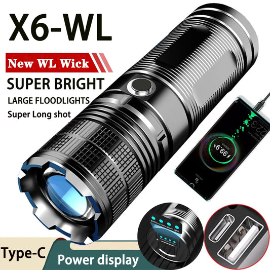 Rechargeable LED Flashlight Zoom High Power Torch Outdoor Camping 5 Lighting Modes Waterproof Type-C Super Bright Tactical Torch