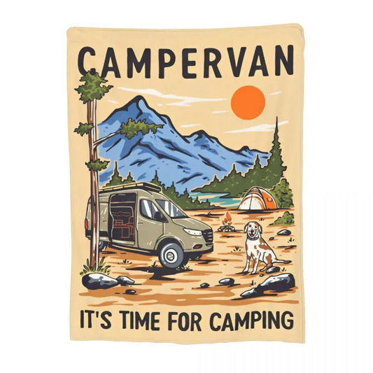 CamperVan Knitted Blanket Fleece Summer Happy Camper Lightweight Throw Blankets for Car Sofa Couch Bedroom Quilt Wild Frontier Gear LLC