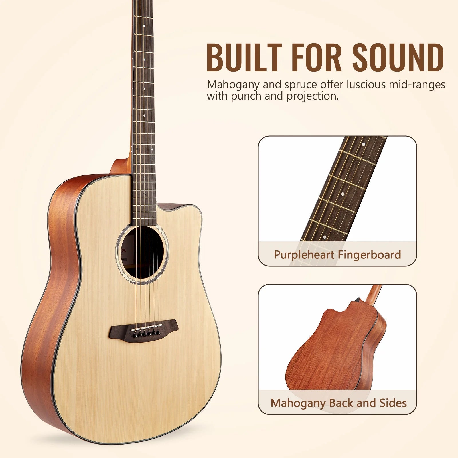41" Acoustic Guitar Full Size Steel Acustica Guitarra with Gig Bag, Tuner, Strap, Strings, Picks, Capos, Cutaway, Right Hand Wild Frontier Gear LLC