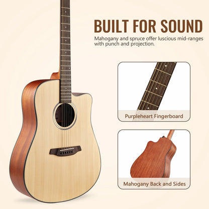 41" Acoustic Guitar Full Size Steel Acustica Guitarra with Gig Bag, Tuner, Strap, Strings, Picks, Capos, Cutaway, Right Hand Wild Frontier Gear LLC