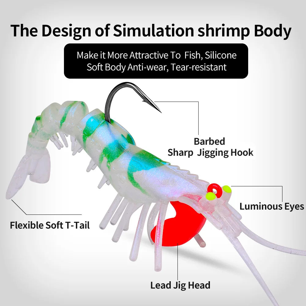 1pcs 6g 13g 19g Sinking Luminous Eyes Silicone Shrimp Baits Bionic Soft Prawn Lures Jig Head Swimbait Jigging Hook Wobbler