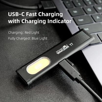 WARSUN Compact Multi-Mode Pocket LED Flashlight T7 - 675LM, USB-C Rechargeable, IPX4, Dual Material, Red/Blue Strobe