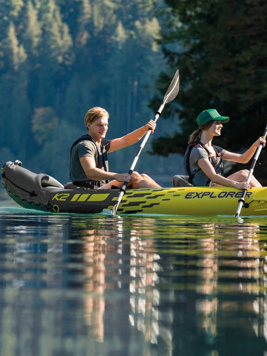 INTEX explorer K2 2 person kayak inflatable 2 seats strong pvc boat raft canoe 3 air chamber paddle water sport Wild Frontier Gear LLC
