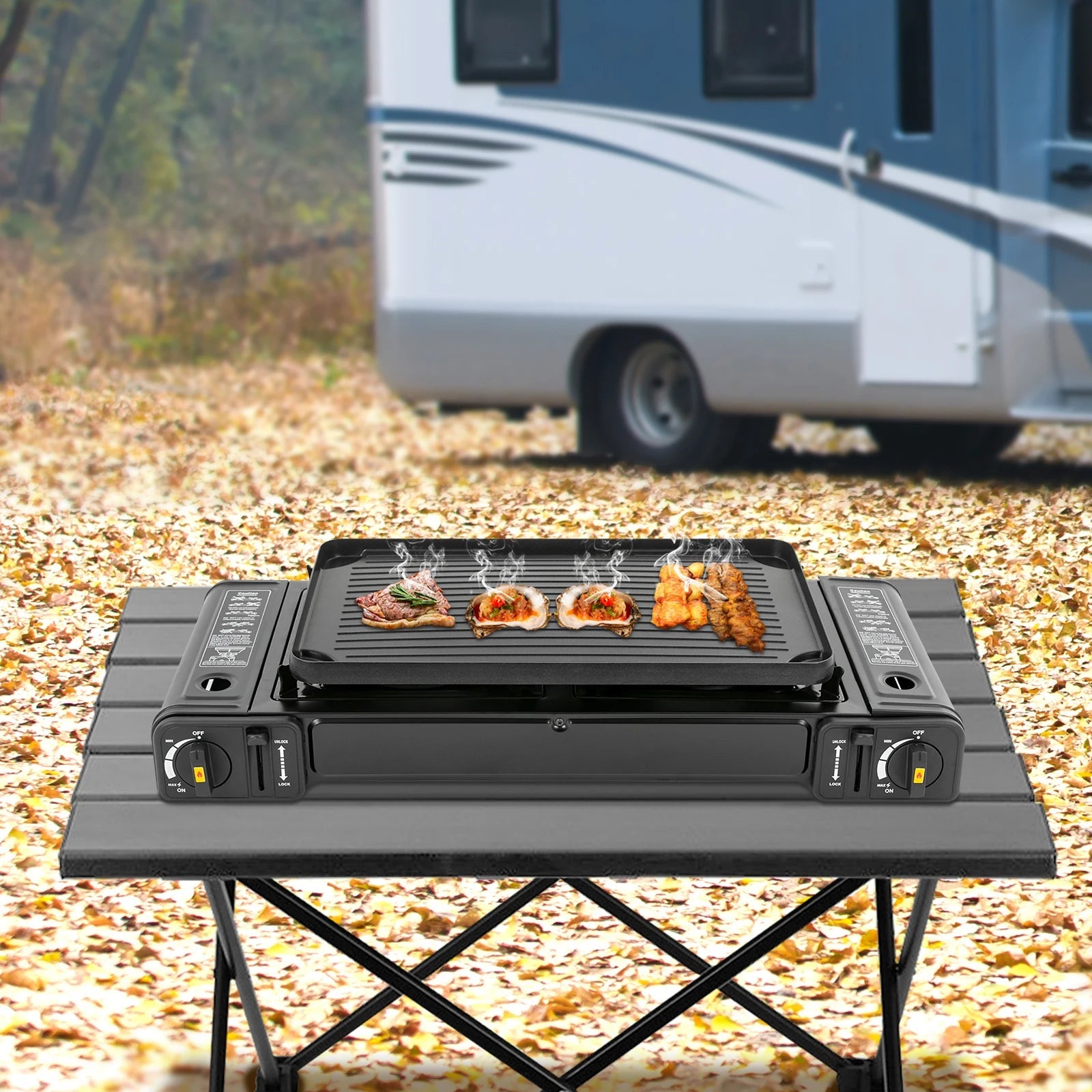Double Burner Butane Stove Camping Stove Kit with Grill Plate and Carrying Case Portable Auto Ignition Camping Burner LPG Wild Frontier Gear LLC