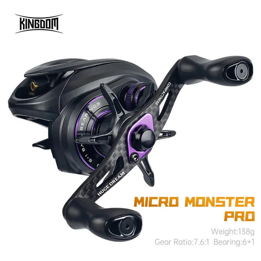 Ultra-Lightweight Kingdom Micro Pro Baitcasting Fishing Reel - 138g, 7.6:1 Gear Ratio, 4.6kg Max Drag, Carbon Construction - Wild Frontier Gear LLC