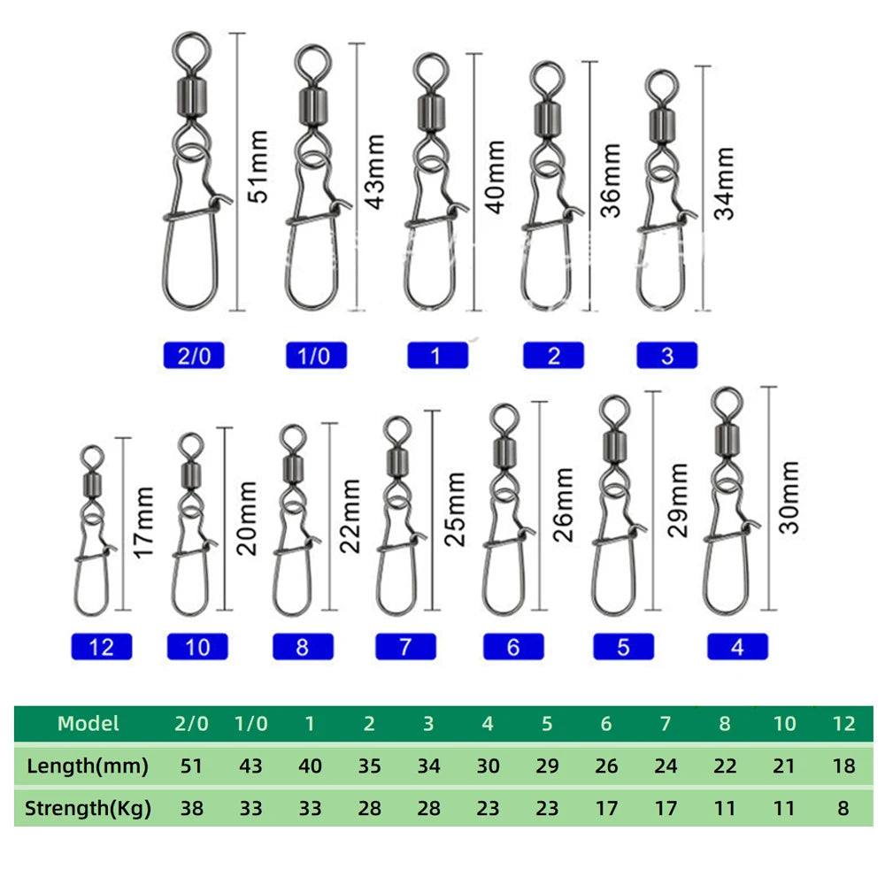 DNDYUJU 10 To 50X Fishing Swivel Snap Pin Bearing Rolling Swivel Stainless Steel Snap Fishing Connector Fishhook Lure Tools