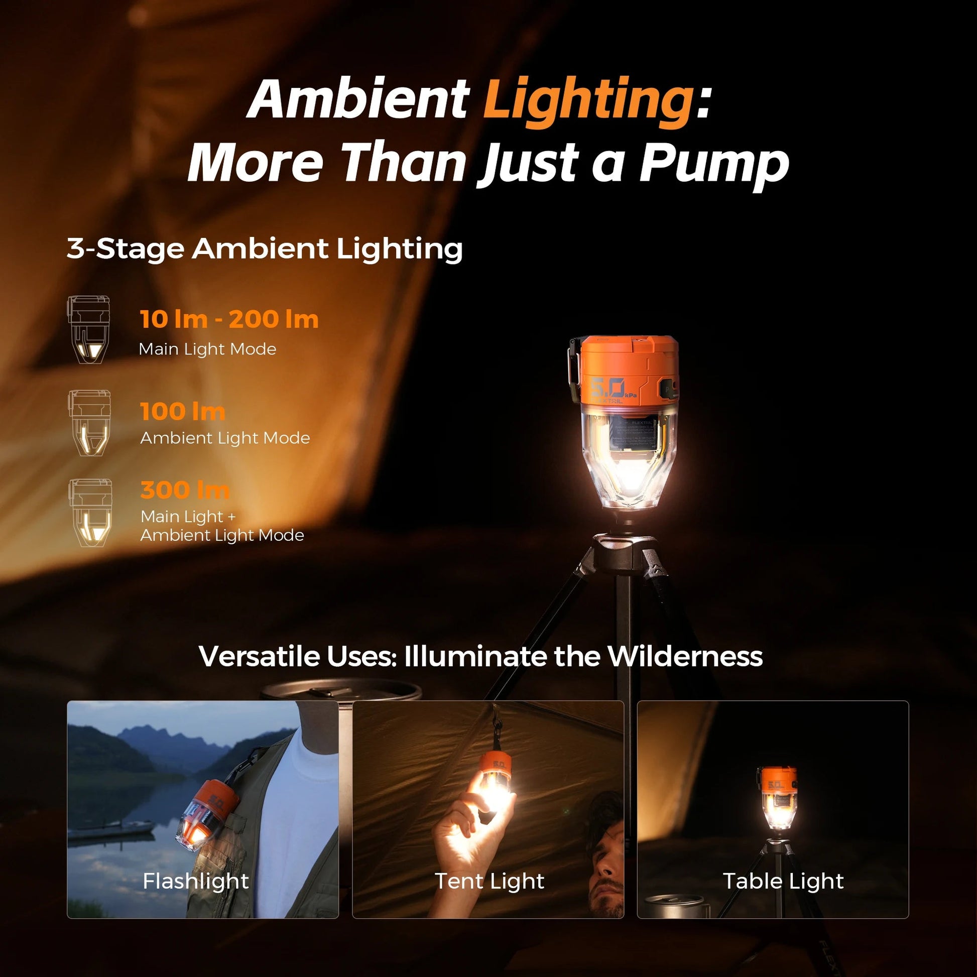 FLEXTAIL MAX PUMP 3 - Electric Air Pump, Portable Camping Pump with 3 Level Ambient Light for Air Bed, Sleeping Pads, Vacuum Bag Wild Frontier Gear LLC