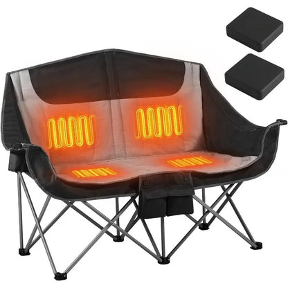 Heated Double Camping Chair, 2-Person Folding Camp Chair with 12V 16000mAh Battery Pack, Heated Portable Loveseat Chair - Wild Frontier Gear LLC