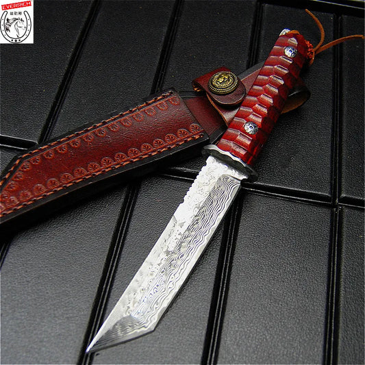 Damascus steel sharp tactical straight knife, jungle rescue knife, Finnish hunting knife + scabbard